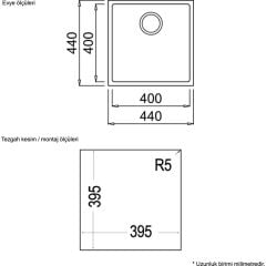 SQUARE 40.40 TG ARTIC WHITE Tezgahaltı Granit Eviye Damlalıksız Beyaz 40 cm 115230029