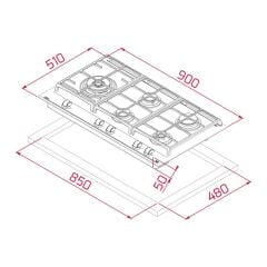 Gzc 95320 xbc Siyah Cam Ankastre Gazlı Ocak 90 cm 5 Gözlü Vitroseramik Yüzey ile Şık Tasarım