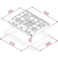 GZC 75330 XBC ST Ankastre Gazlı Ocak 70 cm Kristal Wok Gözlü Döküm Izgara Gri