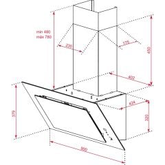 - DVT 98660 TBS BK - Duvar Tipi Davlumbaz - 698 m³/h - Inox/Siyah Cam - 90 cm - 112930043