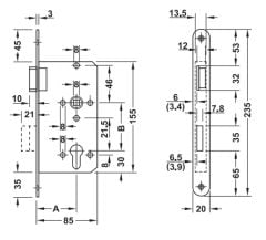 Hafele H55.10 Barelli Tip Gömme Kapı Kilidi Paslanmaz Çelik 55/20/72mm DIN Sol